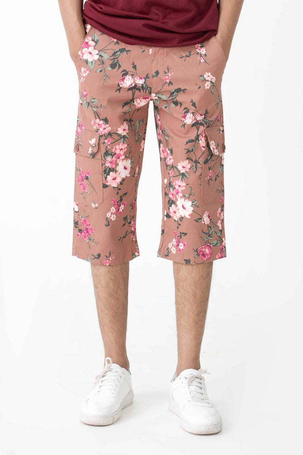 elo Men's Floral Long Cargo Shorts Brown