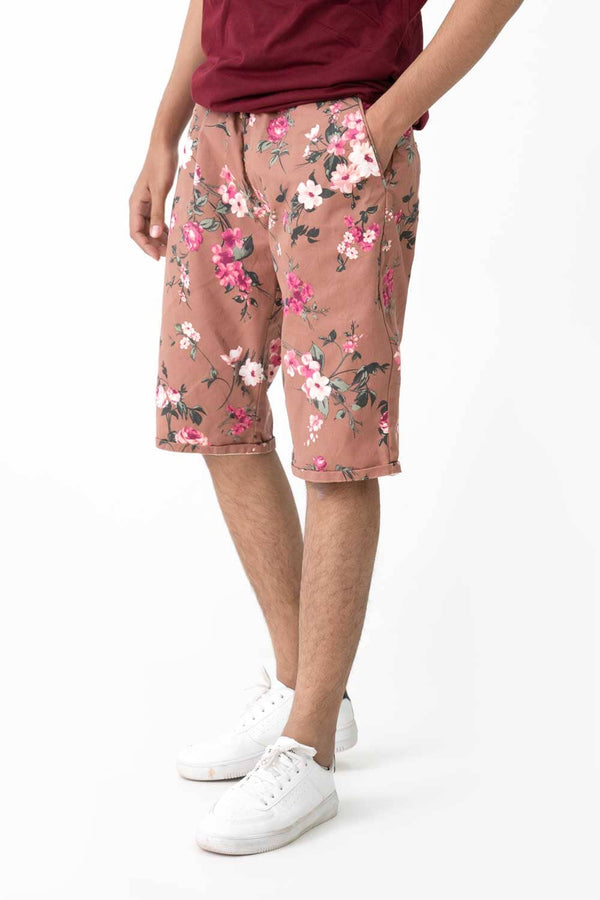 Elo Men's Floral Printed Cotton Shorts Brown`
