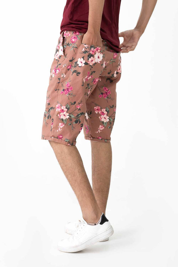 Elo Men's Floral Printed Cotton Shorts Brown`