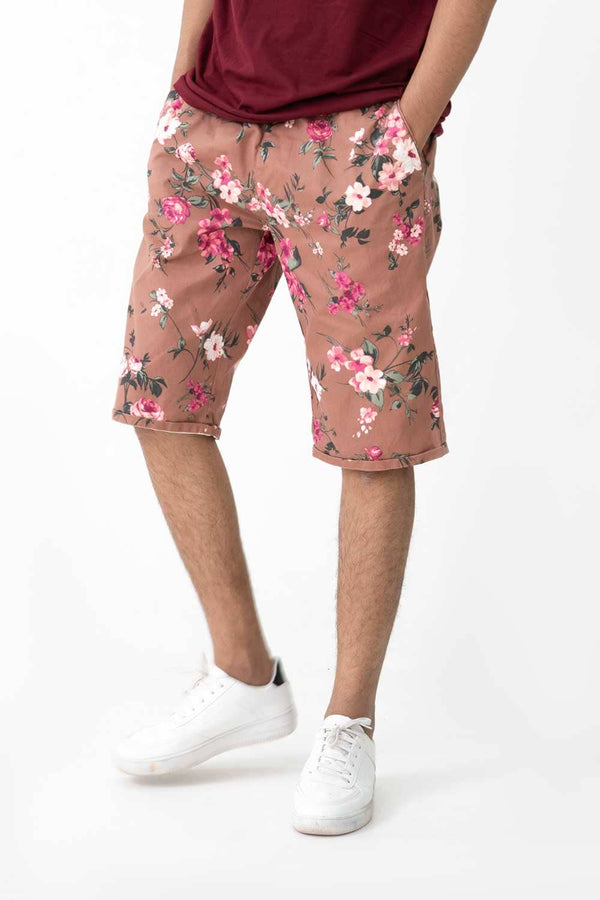 Elo Men's Floral Printed Cotton Shorts Brown`