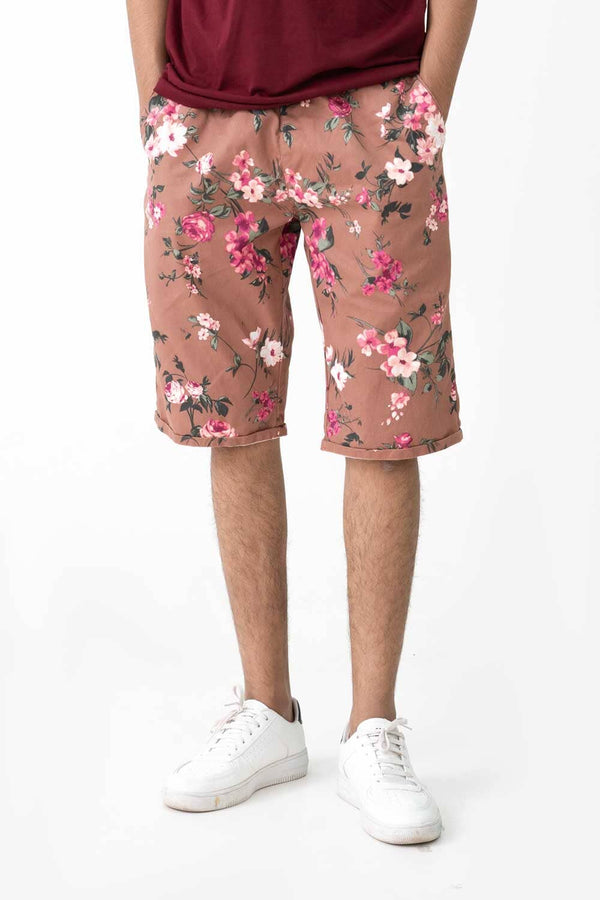 elo Men's Floral Printed Cotton Shorts Brown`