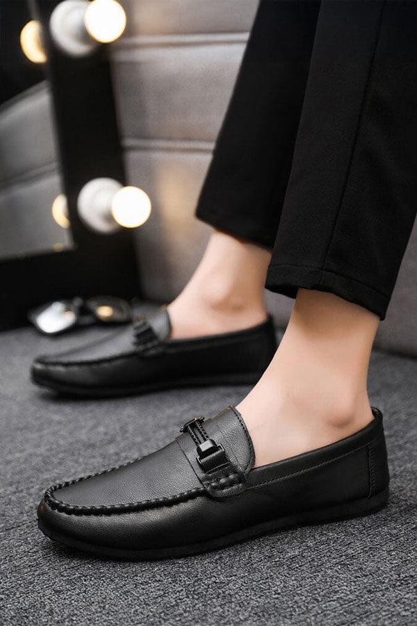 elo Men's Metallic Buckle Textured Loafers Black