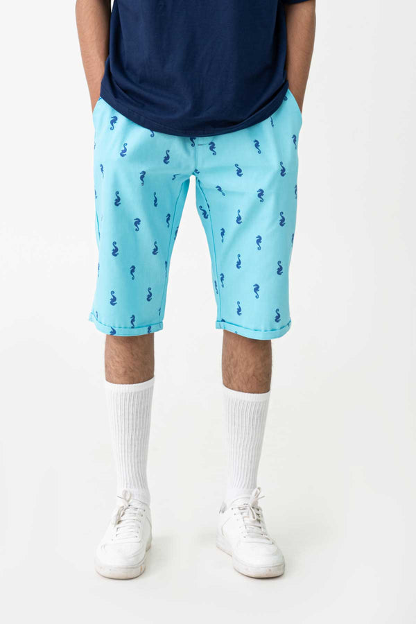Elo Men's Seahorse Printed Cotton Shorts Aqua Blue`