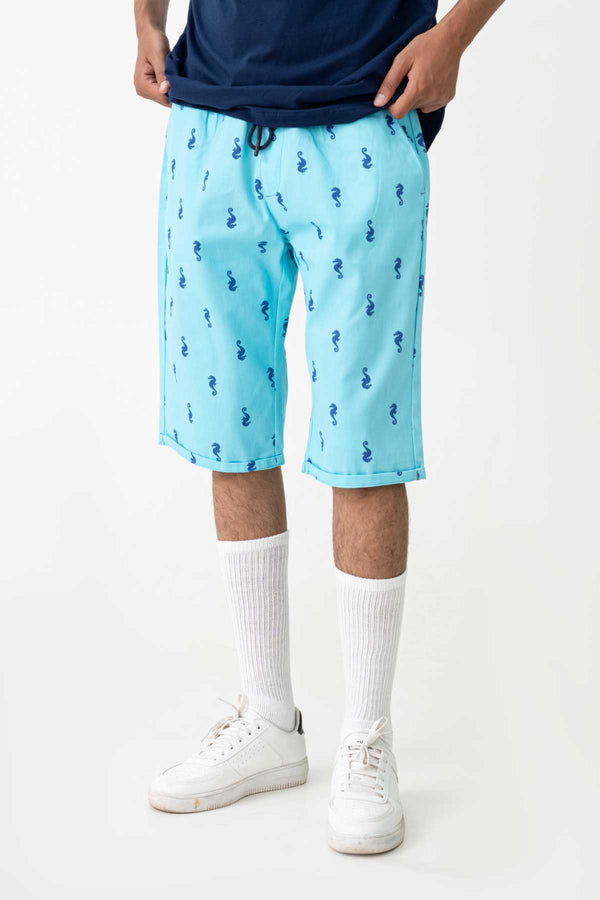 Elo Men's Seahorse Printed Cotton Shorts Aqua Blue`