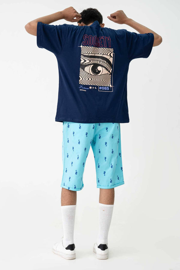 Elo Men's Seahorse Printed Cotton Shorts Aqua Blue`