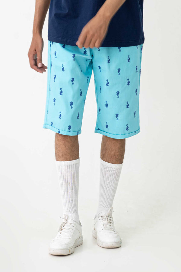 elo Men's Seahorse Printed Cotton Shorts Aqua Blue`