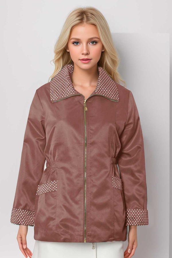 elo Ming Women's Dotted Design Zipper Jacket Brick