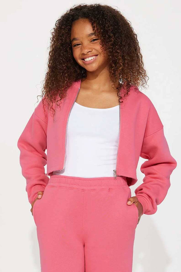 Elo NK Girl's Cropped Fleece Zipper Hoodie Pink