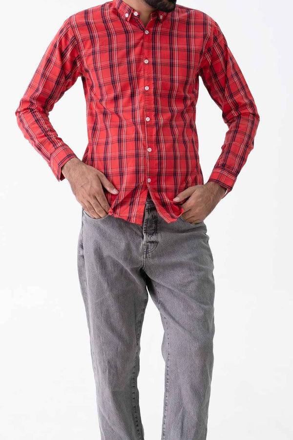 Elo R2F Men's Plaid Button Down Casual Shirt Red