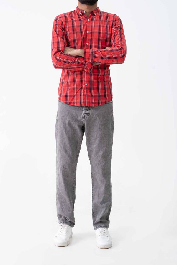 Elo R2F Men's Plaid Button Down Casual Shirt Red