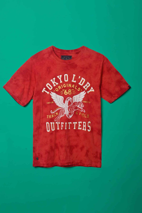 Elo Tokyo Men's Tie & Dyed Printed Tee Shirt Red