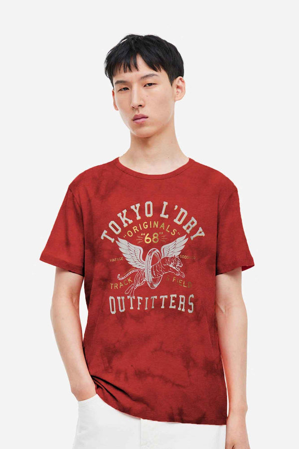 elo Tokyo Men's Tie & Dyed Printed Tee Shirt Red