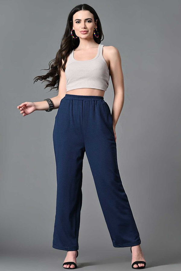 Elo Women's Side Pockets Wide Leg Trousers Navy