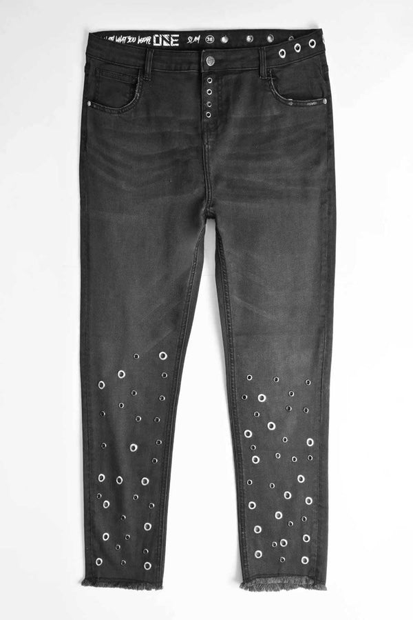 Elo Women's Stud Hole Denim Pants Charcoal