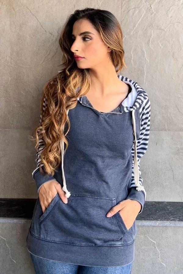 Elo Enza Women's Raglan Sleeve Pullover Hoodie Jeans Marl