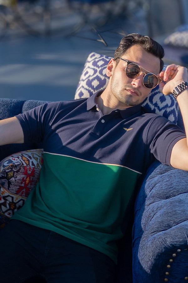 Elo Eternity Men's Logo Embroidered Contrast Design Premium Polo Shirt Navy & Bottle Green