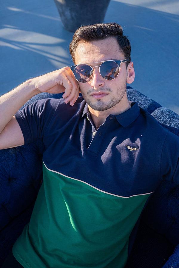 Elo Eternity Men's Logo Embroidered Contrast Design Premium Polo Shirt Navy & Bottle Green