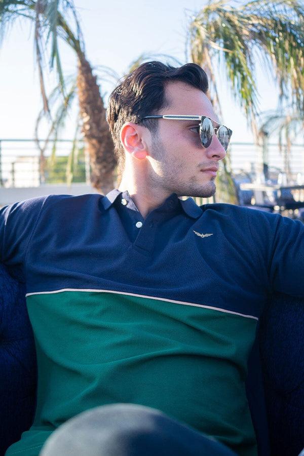 Elo Eternity Men's Logo Embroidered Contrast Design Premium Polo Shirt Navy & Bottle Green