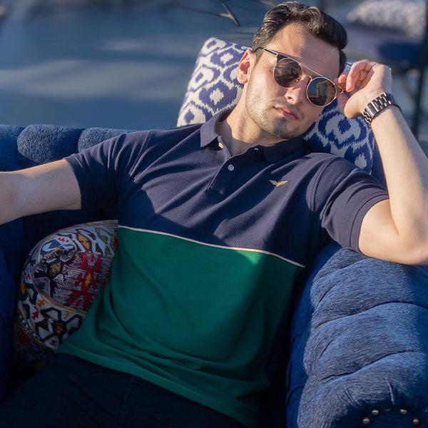 elo Eternity Men's Logo Embroidered Contrast Design Premium Polo Shirt Navy & Bottle Green