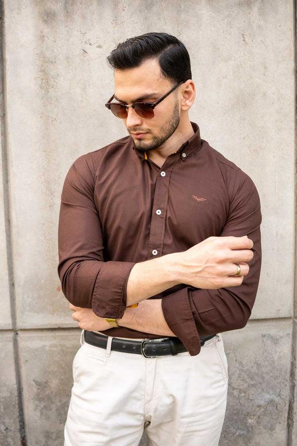 Elo Eternity Men's Logo Embroidered Slim Fit Casual Shirt Brown