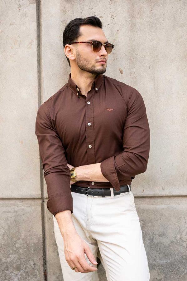 Elo Eternity Men's Logo Embroidered Slim Fit Casual Shirt Brown