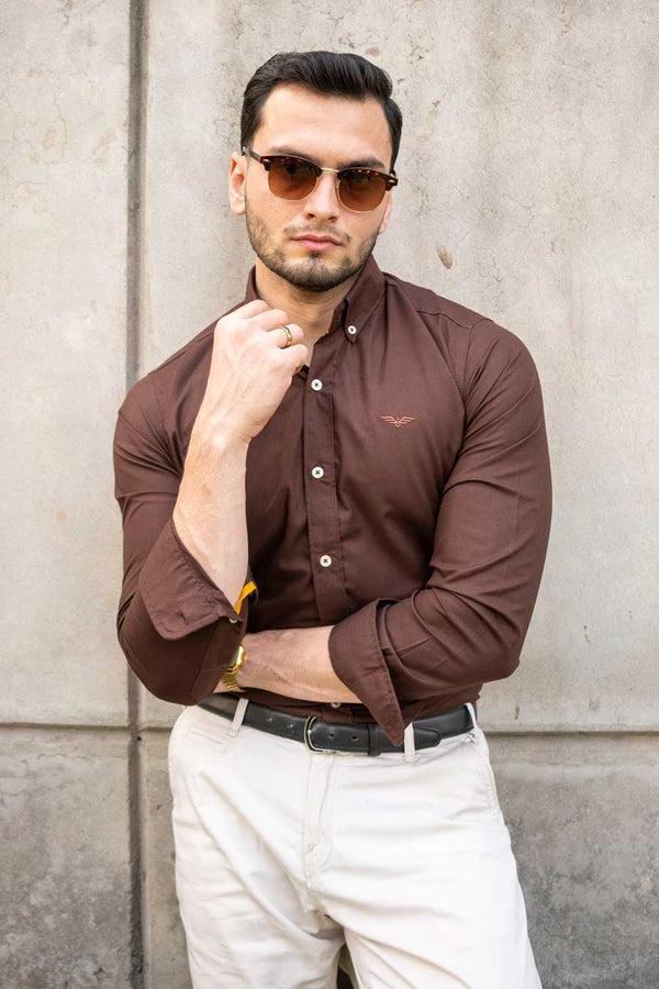 elo Eternity Men's Logo Embroidered Slim Fit Casual Shirt Brown