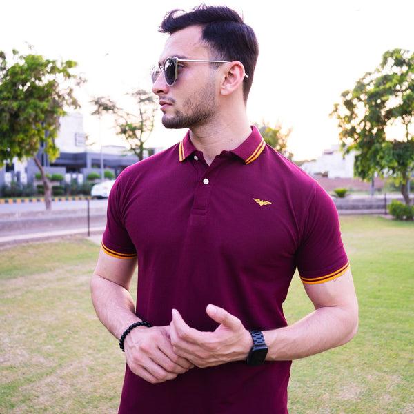 elo Eternity Men's Logo Embroidered Tipped Collar Design Premium Polo Shirt Burgundy