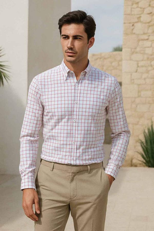 elo Eternity Men's Slim Fit Graph Check Casual Shirt White & Red