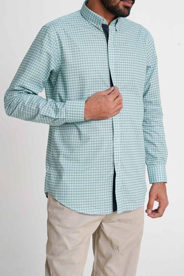 Elo Eternity Men's Slim Fit Houndstooth Casual Shirt Light Turquoise