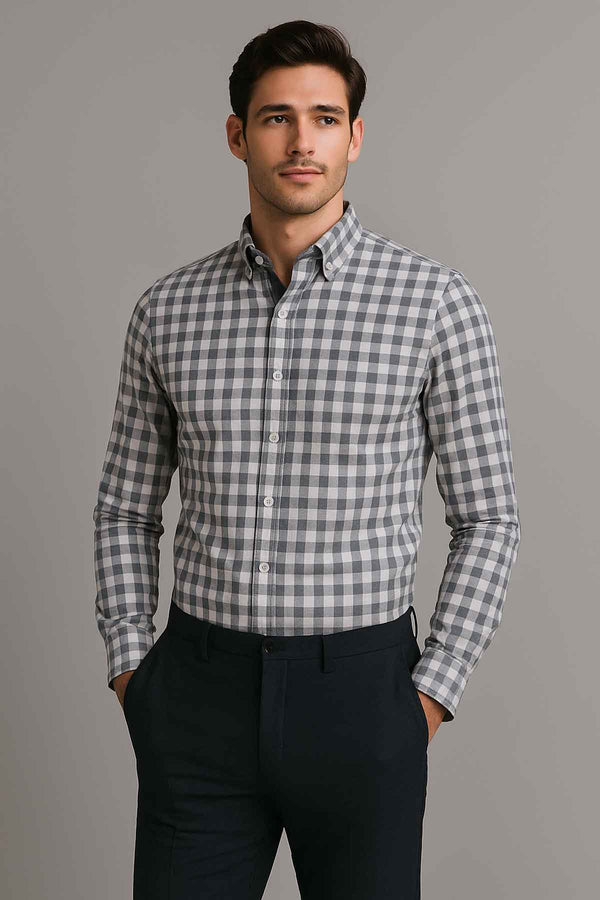 Elo Eternity Men's Slim Fit Shepherd Check Casual Shirt Grey
