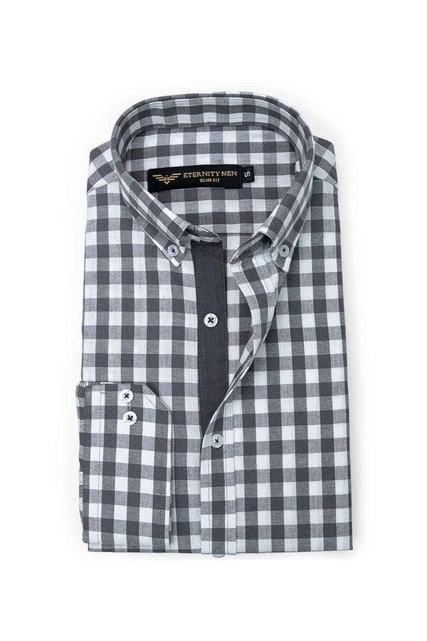 Elo Eternity Men's Slim Fit Shepherd Check Casual Shirt Grey