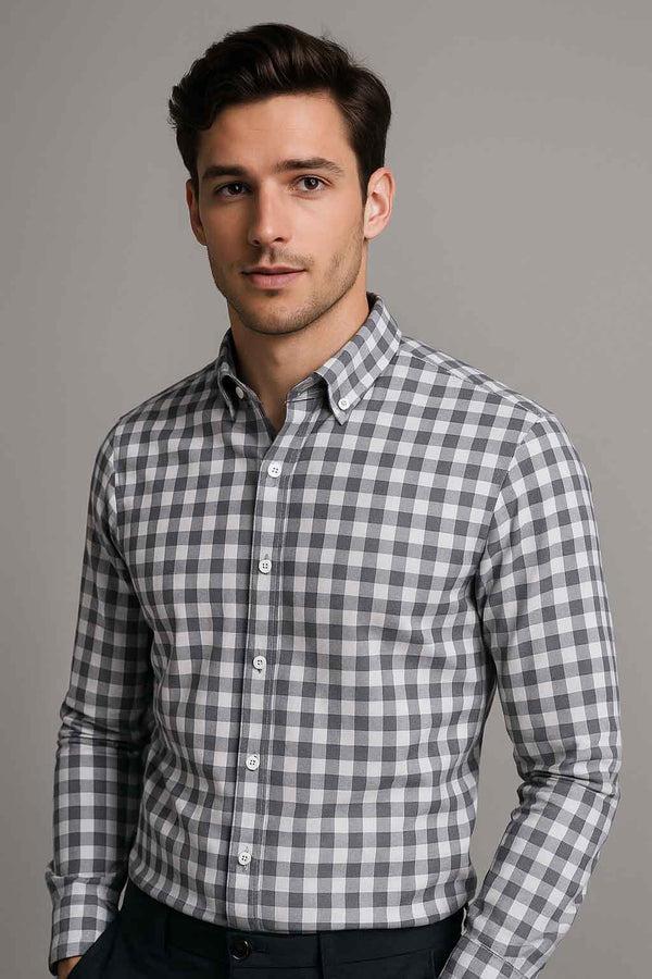 elo Eternity Men's Slim Fit Shepherd Check Casual Shirt Grey