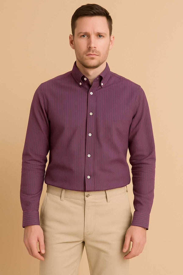 elo Eternity Men's Slim Fit Striped Casual Shirt Burgundy & Black