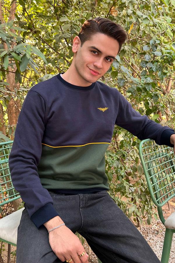 Elo Eternity Premium Men's Contrast Design Fleece Sweat Shirt Navy & Bottle Green