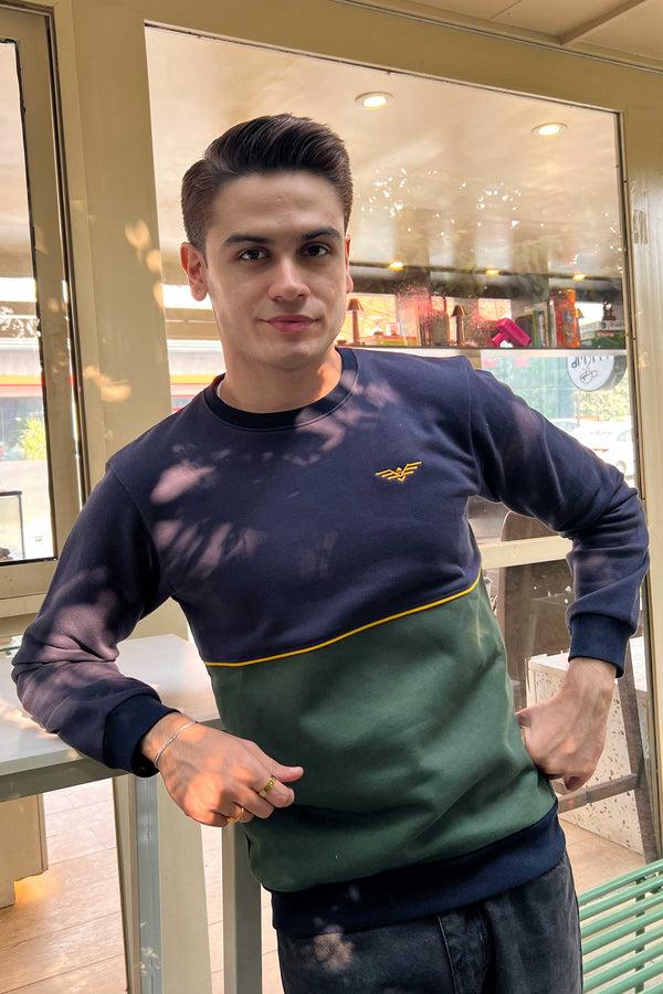 elo Eternity Premium Men's Contrast Design Fleece Sweat Shirt Navy & Bottle Green