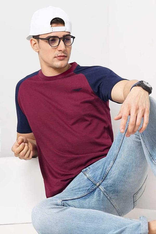 Elo Eternity Premium Men's Raglan Sleeve Tee Shirt Burgundy & Light Navy