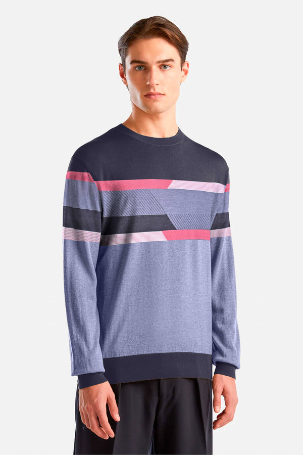 elo Fashion Men's Contrast Panels Design Sweater Navy & Slate Grey