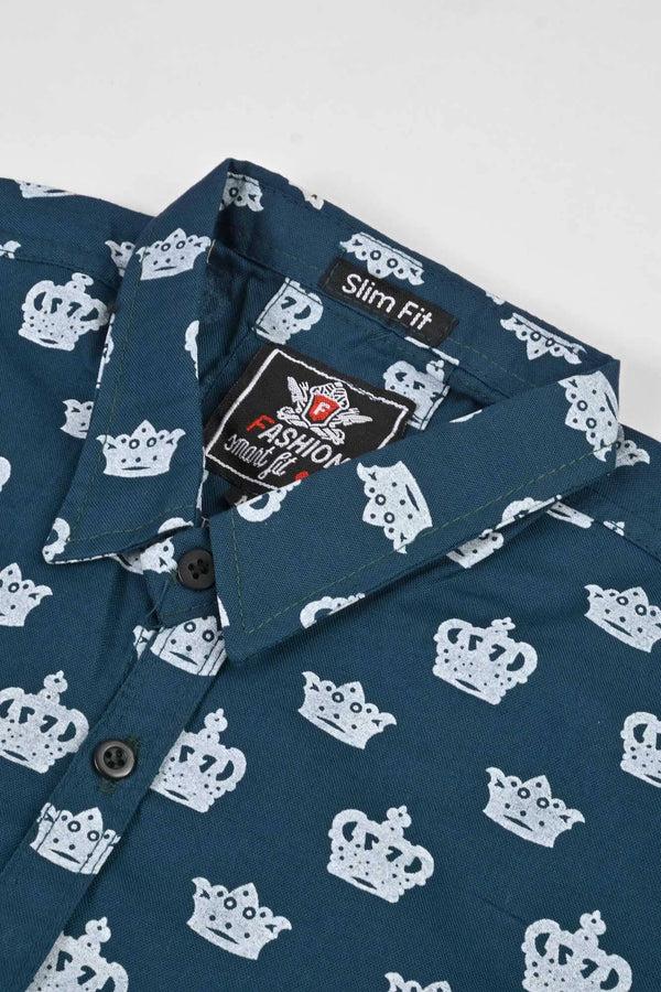 Elo Fashion Men's Crown Printed Design Slim Fit Casual Shirt Maroon