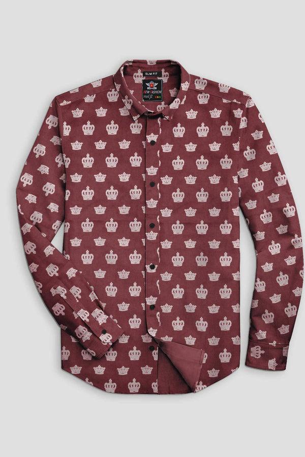 elo Fashion Men's Crown Printed Design Slim Fit Casual Shirt Maroon