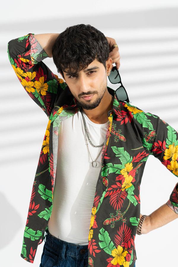 Elo Fashion Men's Lizard Printed Slim Fit Casual Shirt Black