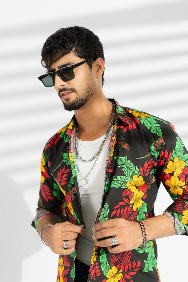 Elo Fashion Men's Lizard Printed Slim Fit Casual Shirt Black