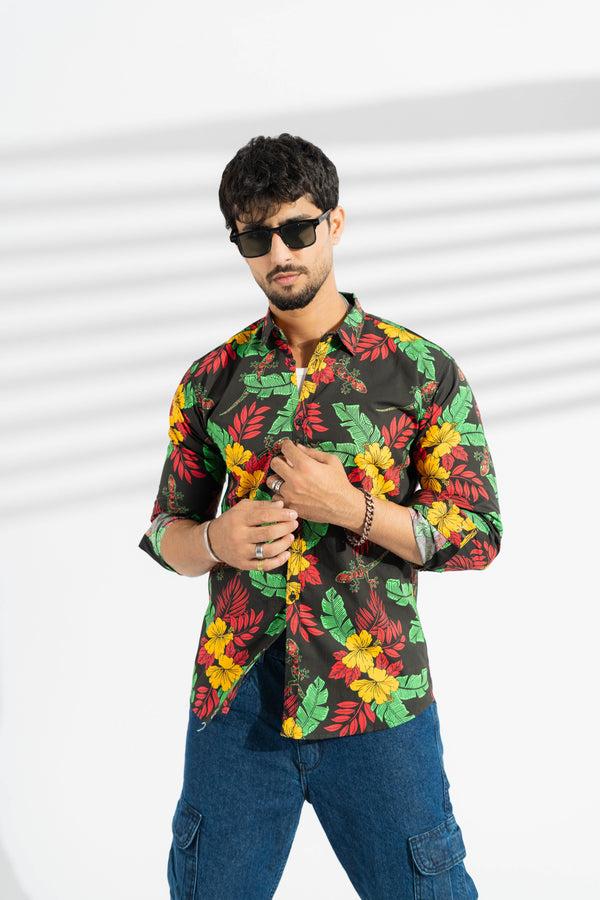 elo Fashion Men's Lizard Printed Slim Fit Casual Shirt Black