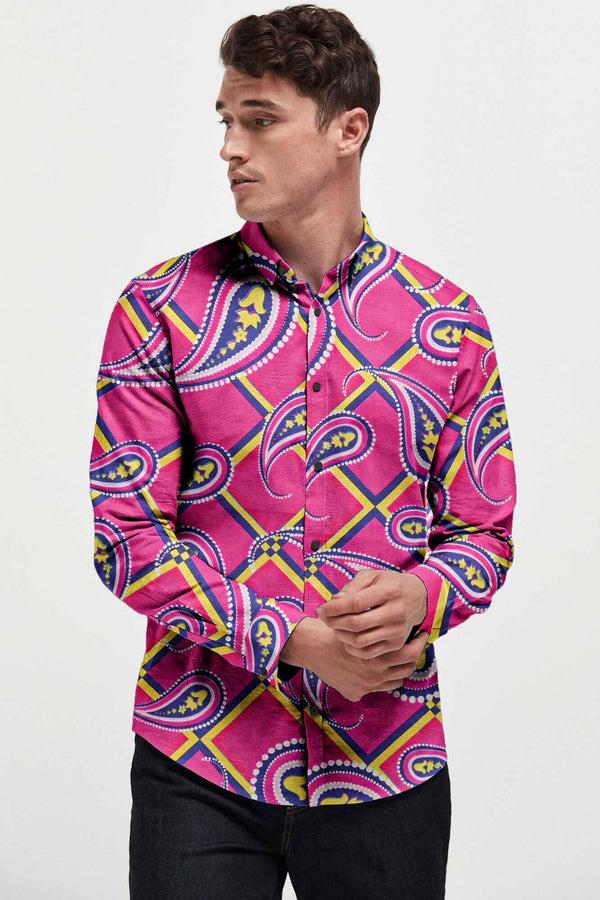 elo Fashion Men's Merida Printed Design Slim Fit Casual Shirt Hot Pink