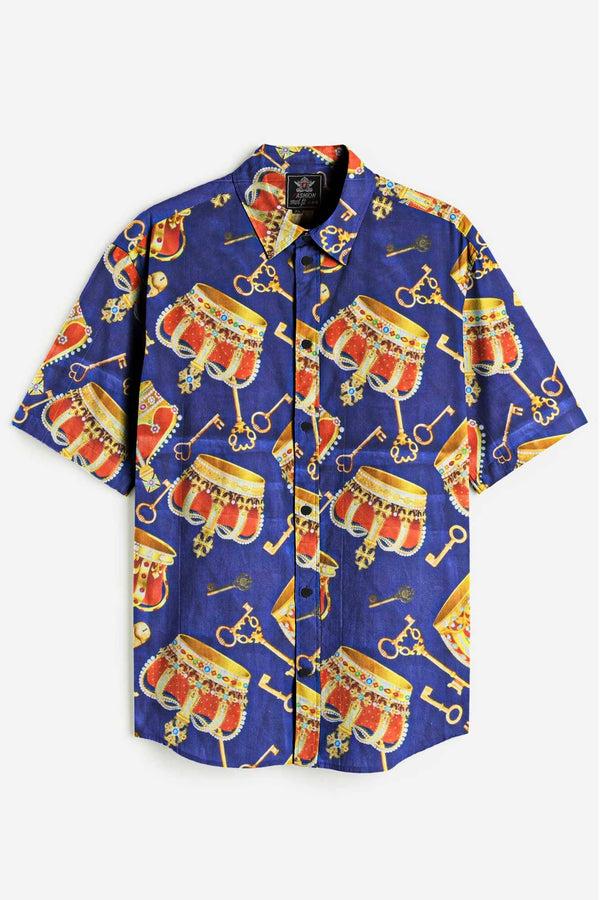 Elo Fashion Men's Royal Crown Printed Short Sleeve Slim Fit Casual Shirt Zinc