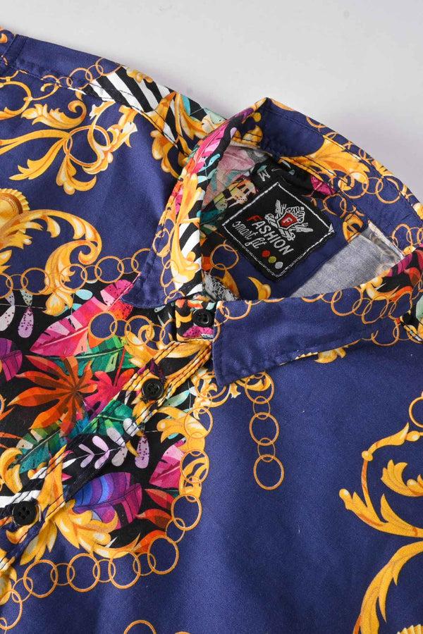 Elo Fashion Men's Royal Crown Printed Short Sleeve Slim Fit Casual Shirt Zinc