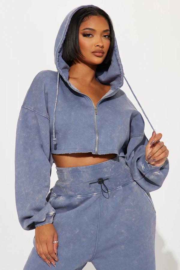 elo FN Women's Acid Wash Crop Top Zipper Hoodie Powder Blue
