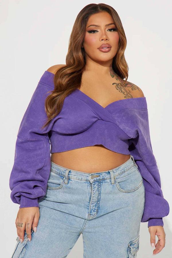 Elo FN Women's Acid Wash Off Shoulder Sweatshirt Purple