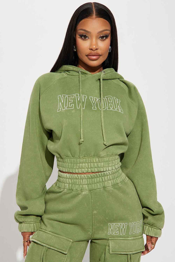 Elo FN Women's New York Acid Wash Crop Top Pullover Hoodie Olive
