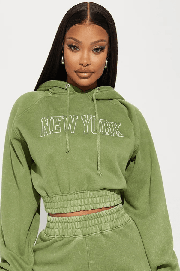 elo FN Women's New York Acid Wash Crop Top Pullover Hoodie Olive
