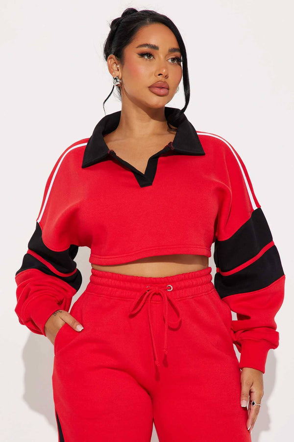 Elo FN Women's Open Placket Crop Top Sweat Shirt Red